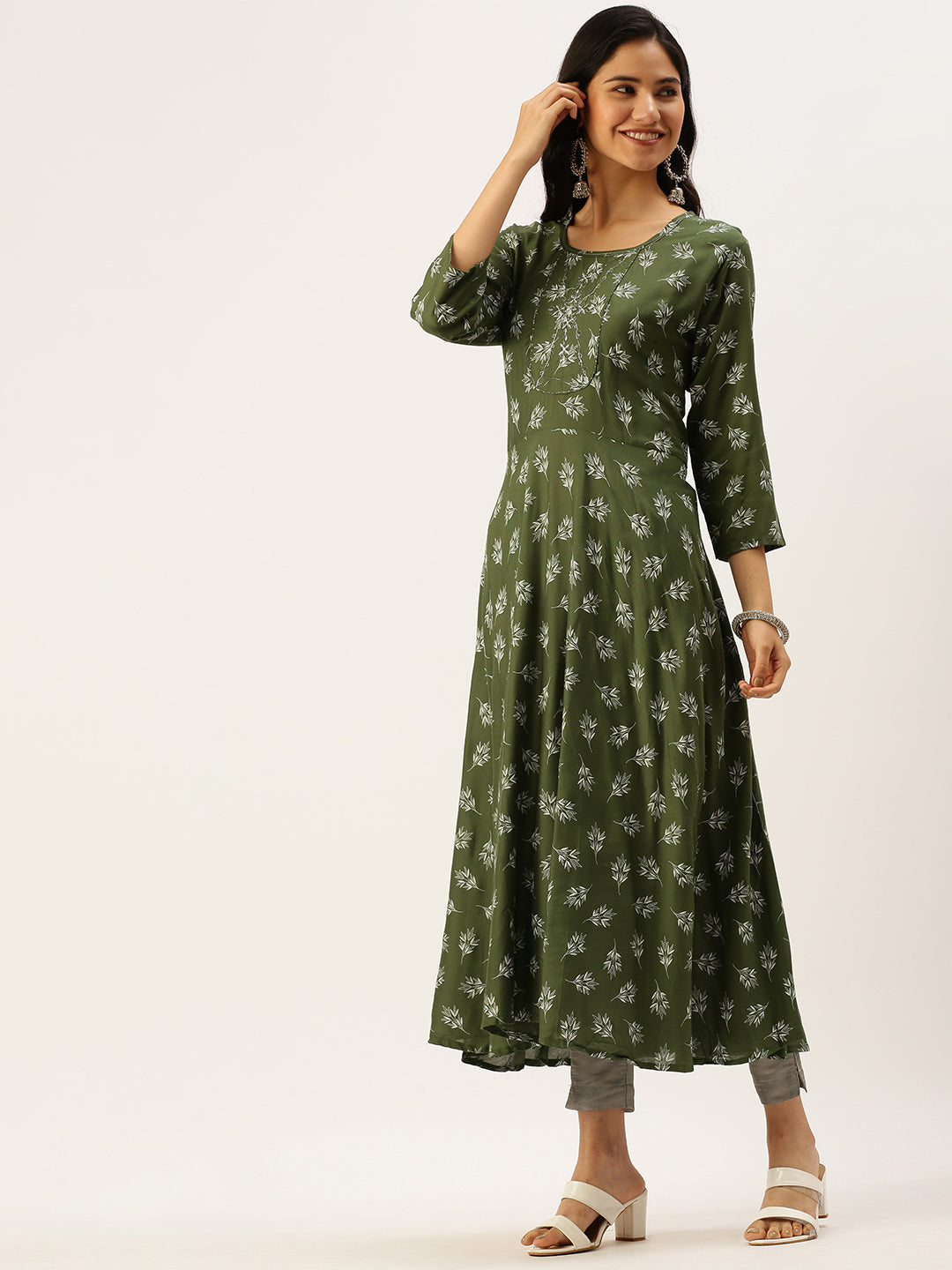 Women's Green Printed A-Line Kurtas