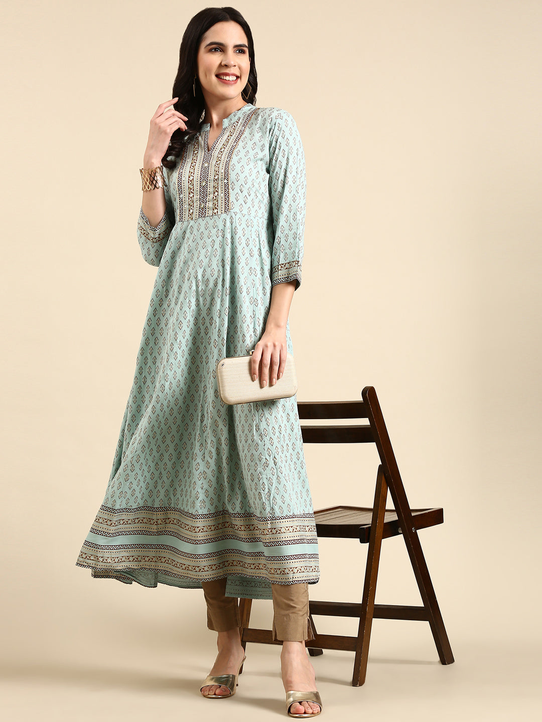 Women's Turquoise Blue Printed Anarkali Kurta