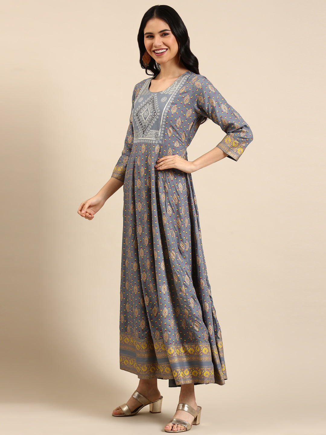 Women's Grey Printed Anarkali Kurta