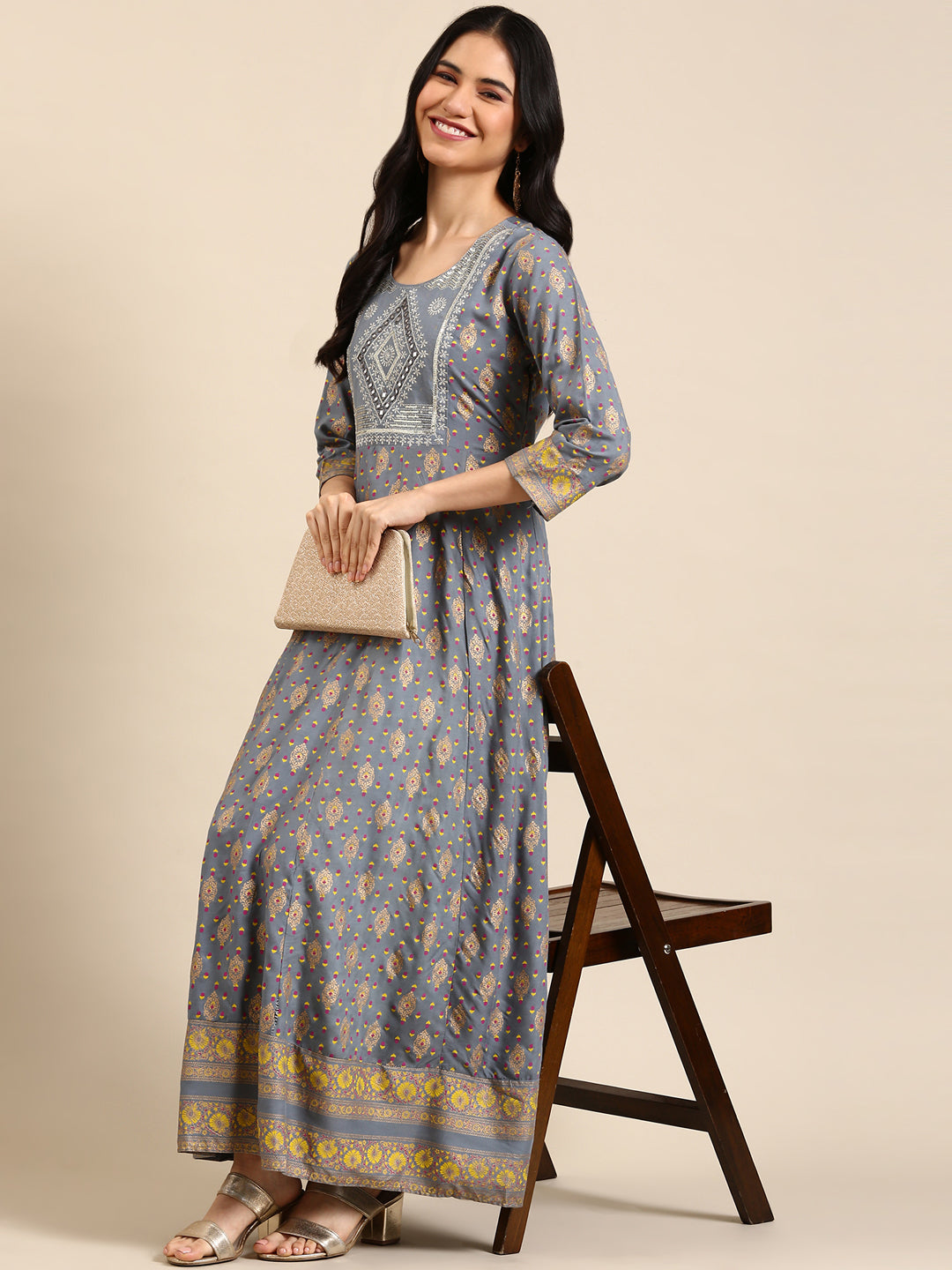 Women's Grey Printed Anarkali Kurta