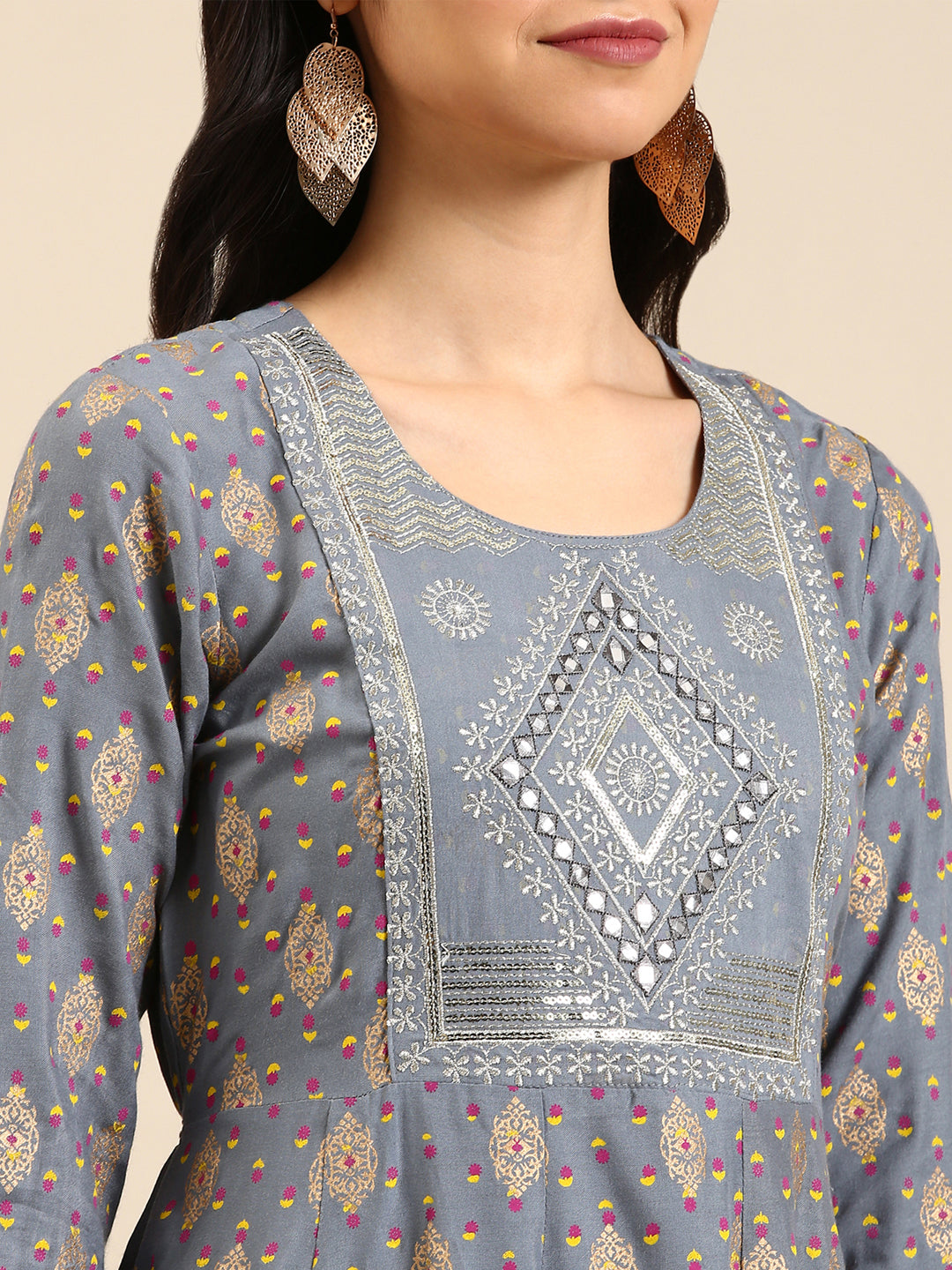 Women's Grey Printed Anarkali Kurta