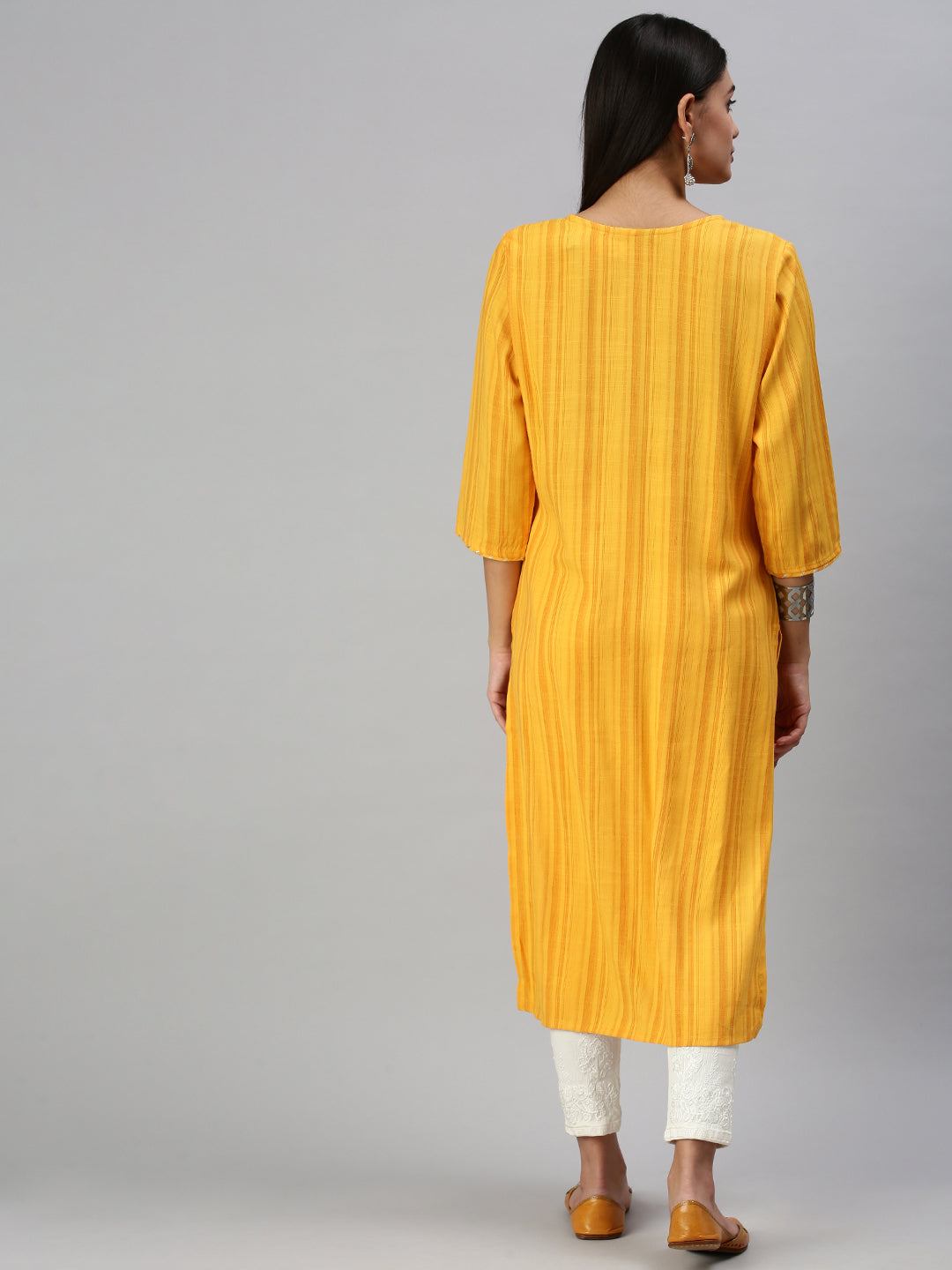 Women's Yellow Striped Straight Kurta