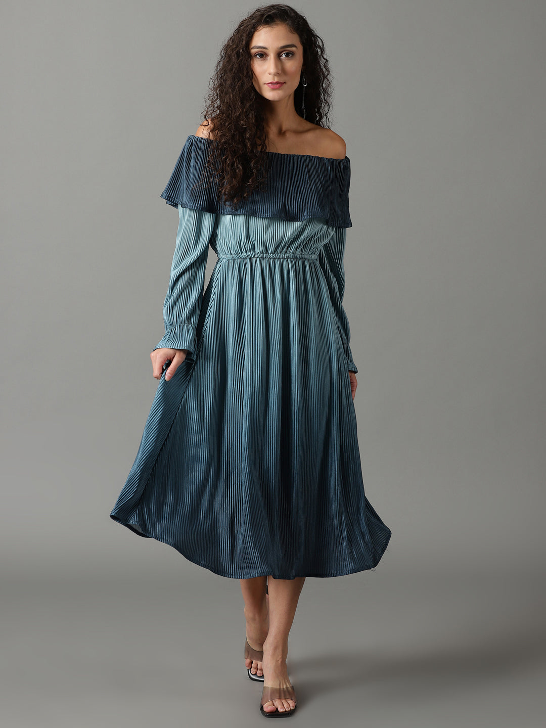 Women's Teal Solid Fit and Flare Dress