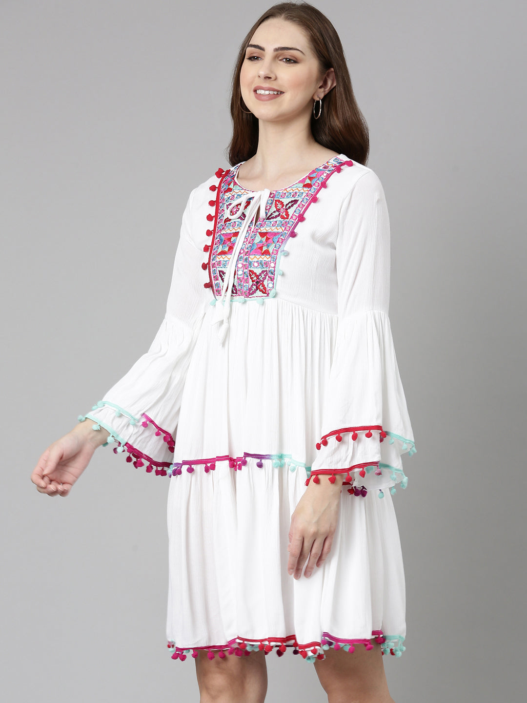 Women White Embroidered Fit and Flare Dress