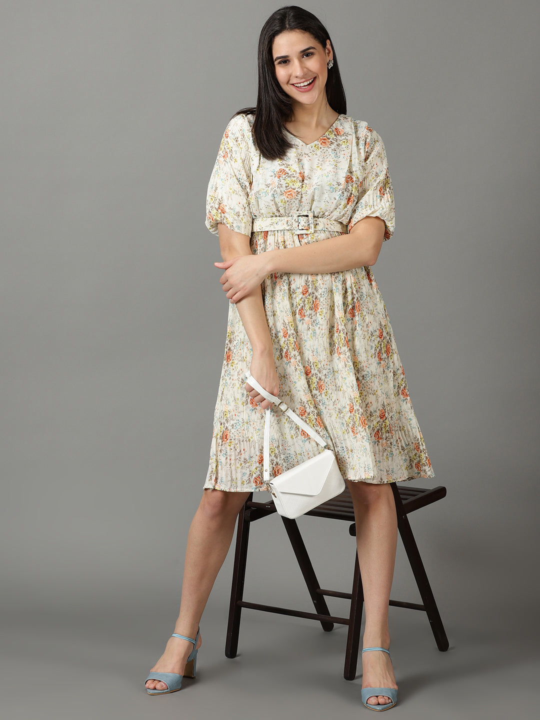 Women's Off White Printed Fit and Flare Dress