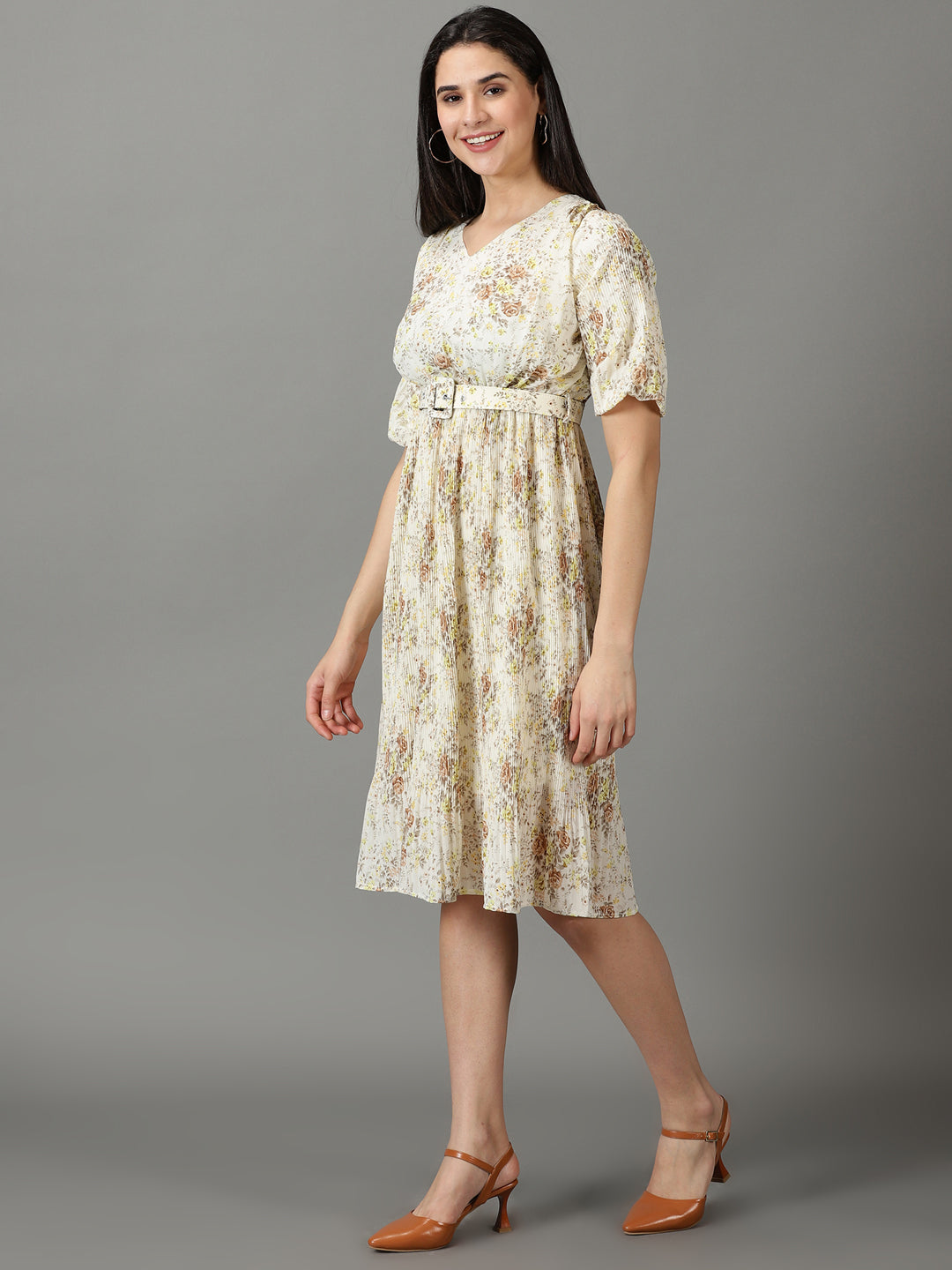 Women's Off White Printed Fit and Flare Dress