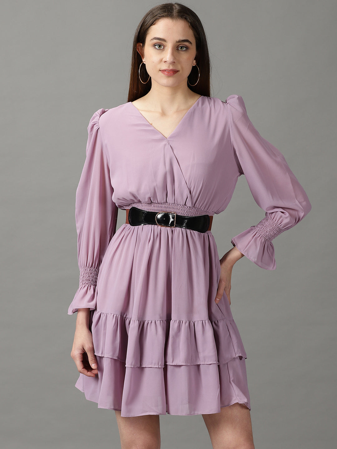 Women's Lavender Solid Fit and Flare Dress