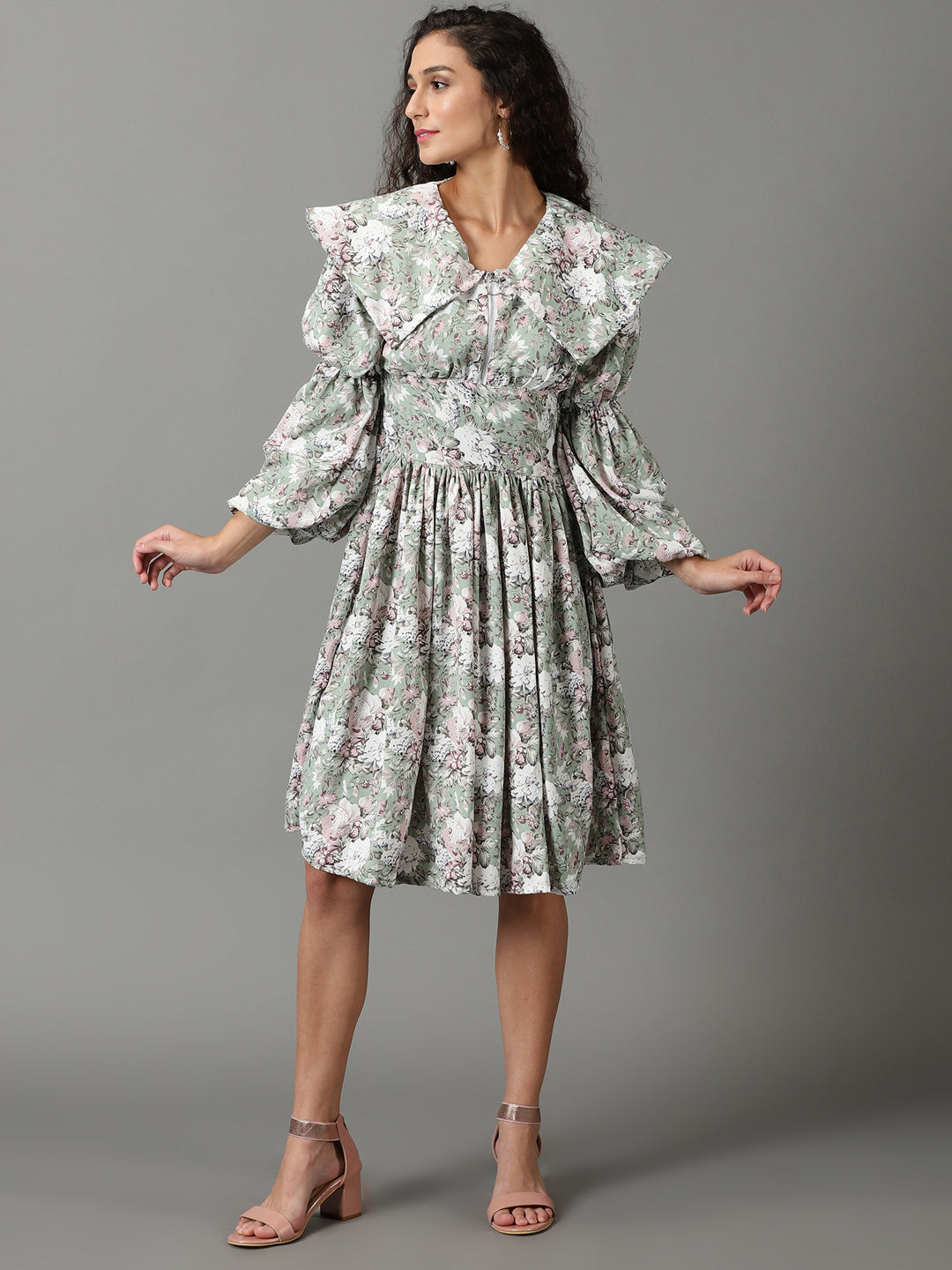 Women's Sea Green Printed Fit and Flare Dress