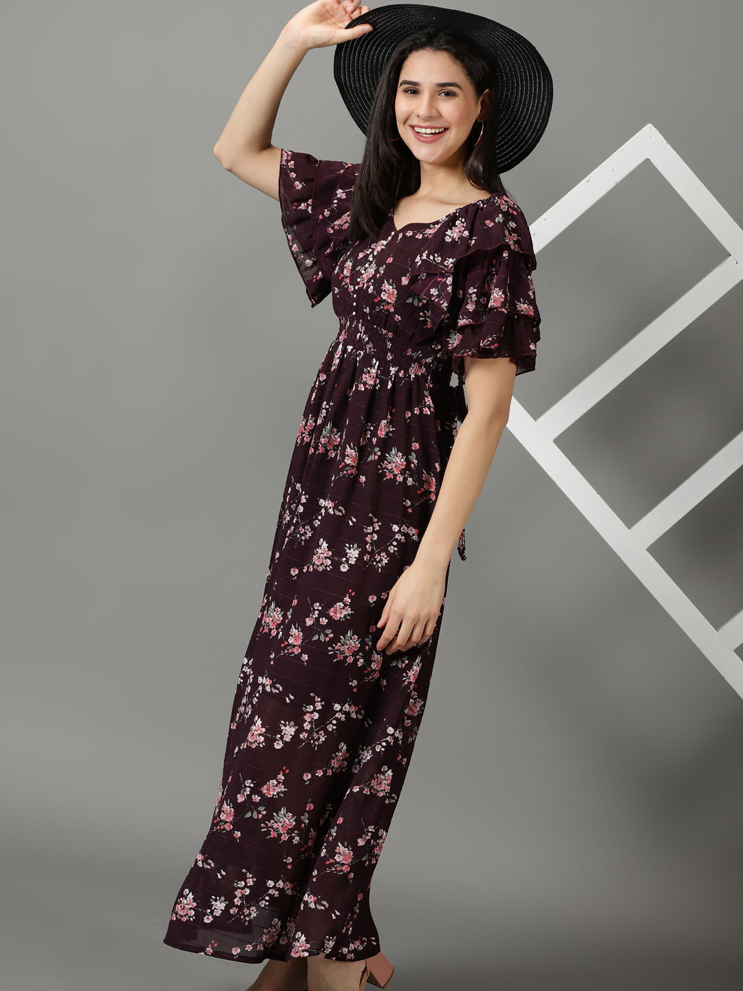 Women's Purple Printed Fit and Flare Dress