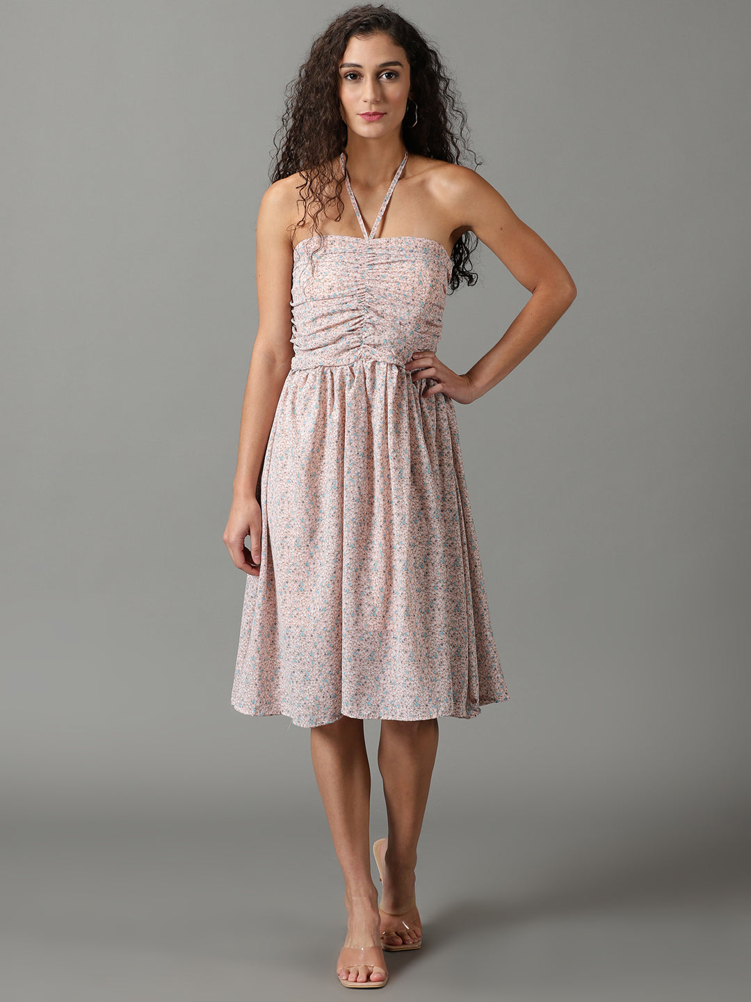 Women's Peach Printed Fit and Flare Dress