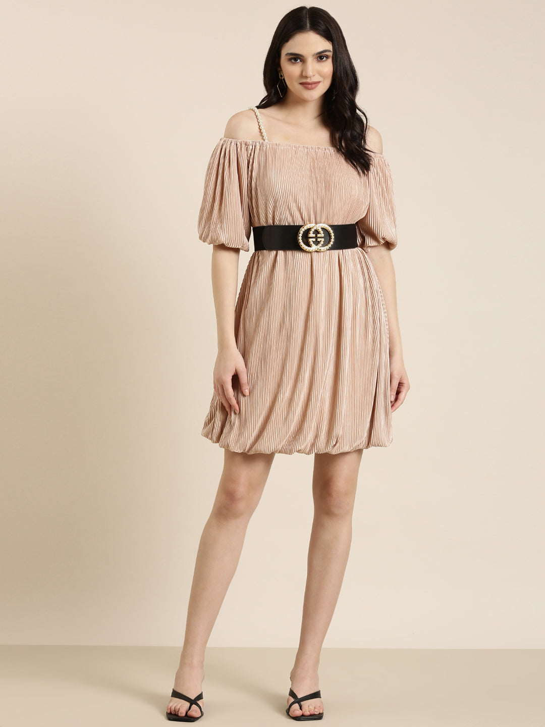 Women Peach Solid Fit and Flare Dress