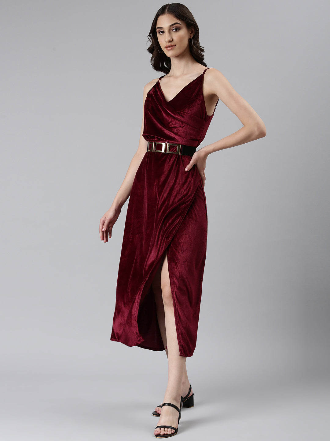 Women Burgundy Solid A-Line Dress