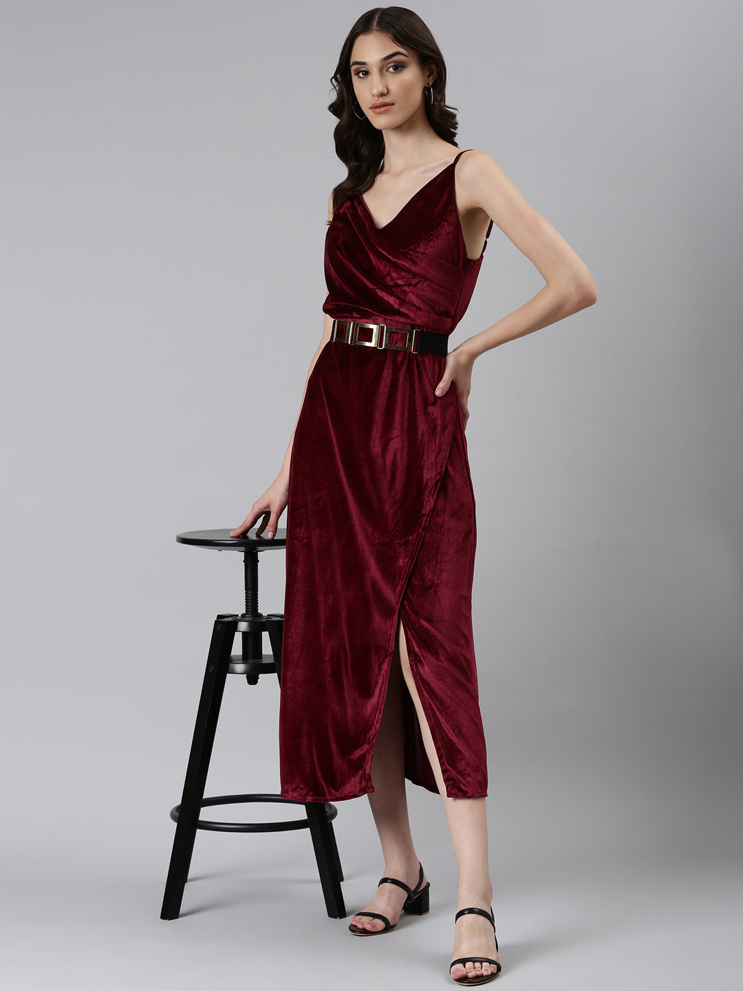 Women Burgundy Solid A-Line Dress