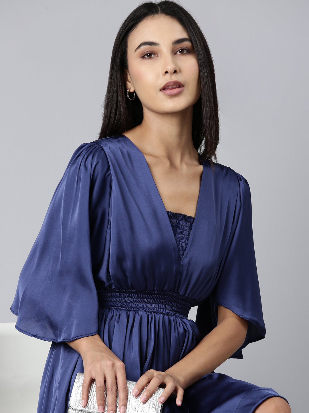 Women Navy Blue Solid Fit and Flare Dress