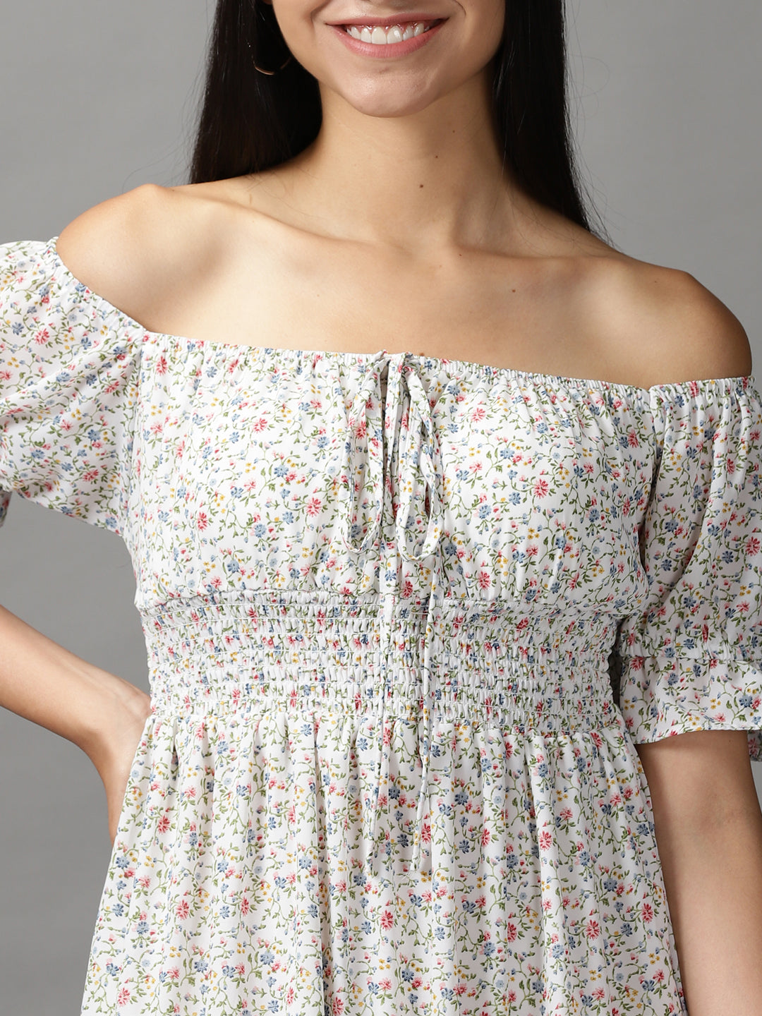 Women's White Floral Fit and Flare Dress