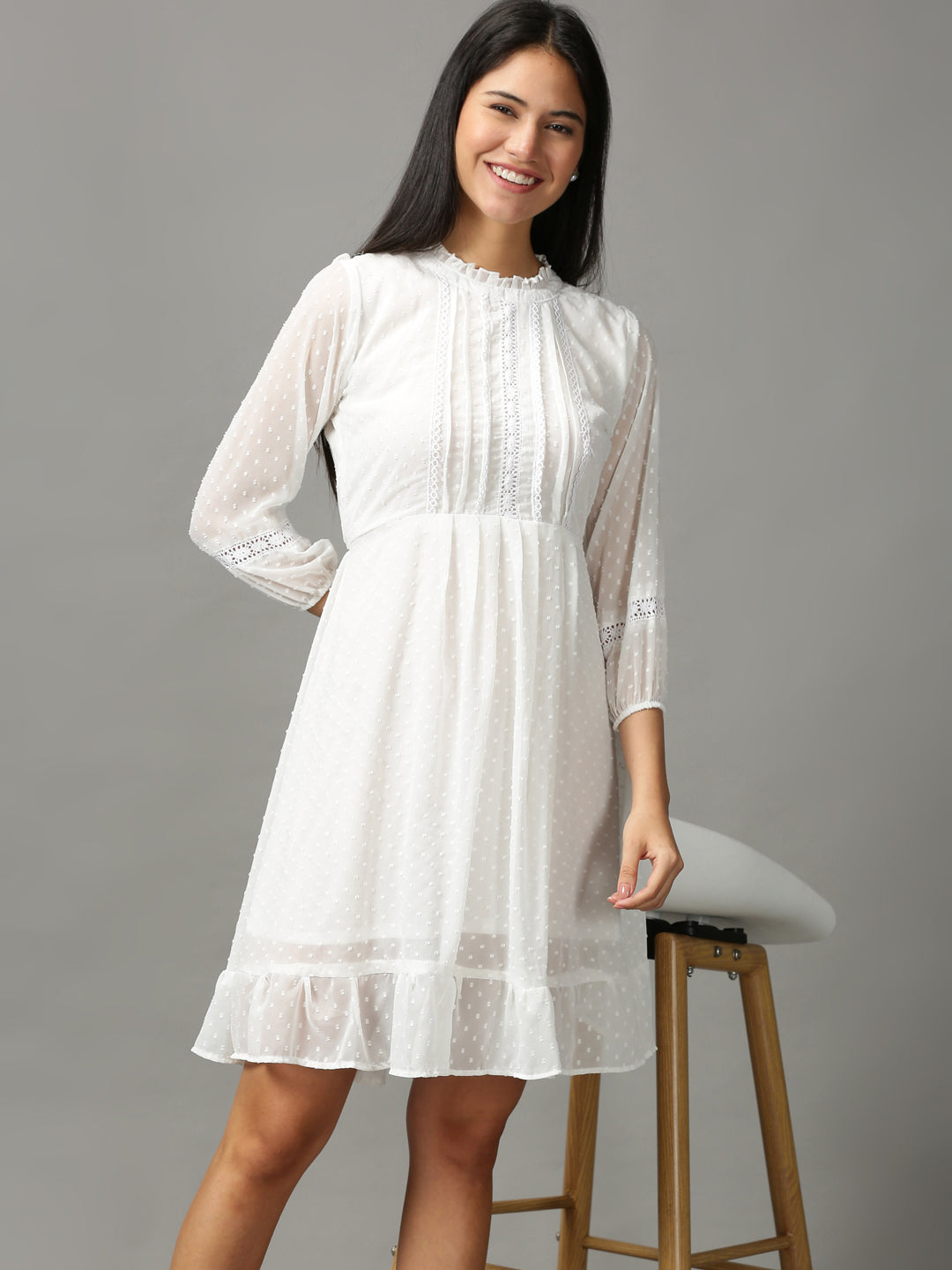 Women's White Solid Fit and Flare Dress