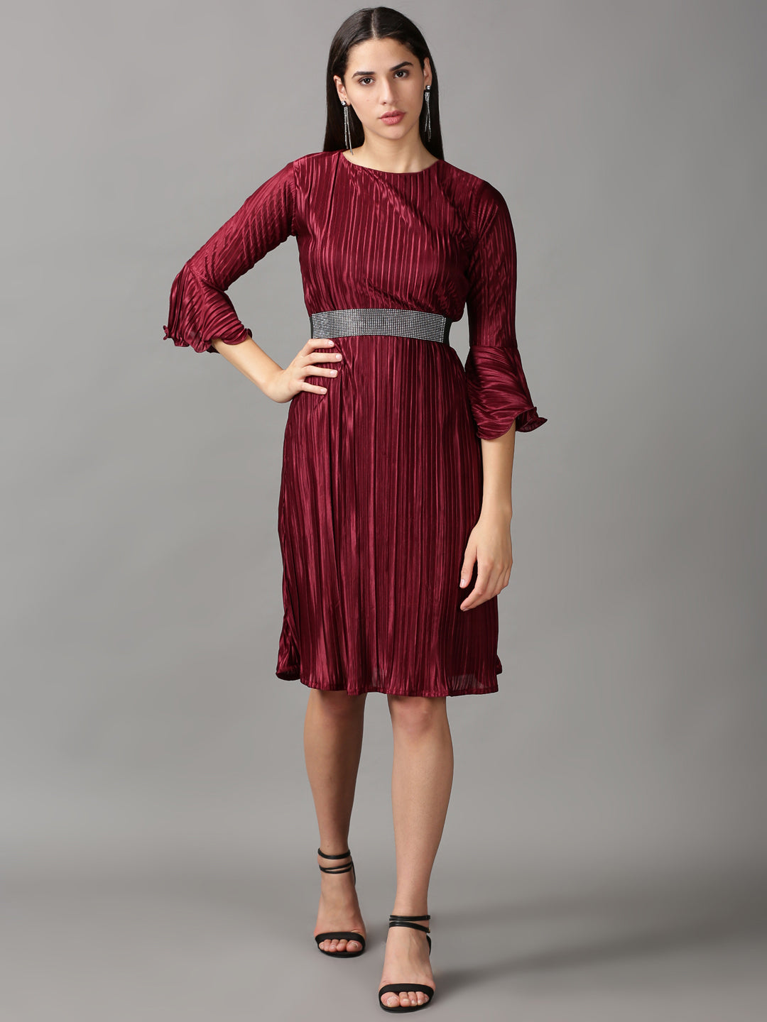 Women's Burgundy Solid A-Line Dress