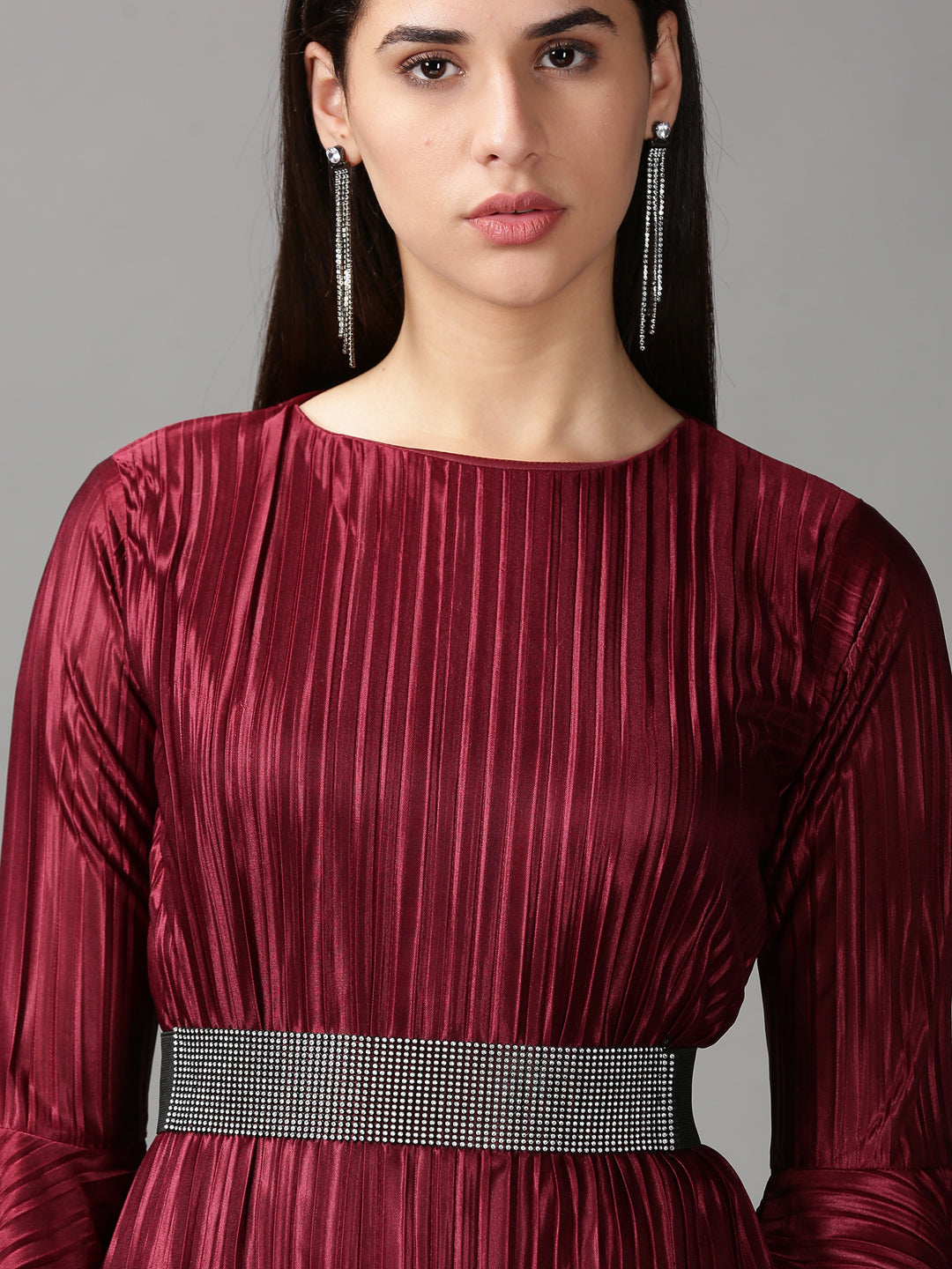 Women's Burgundy Solid A-Line Dress