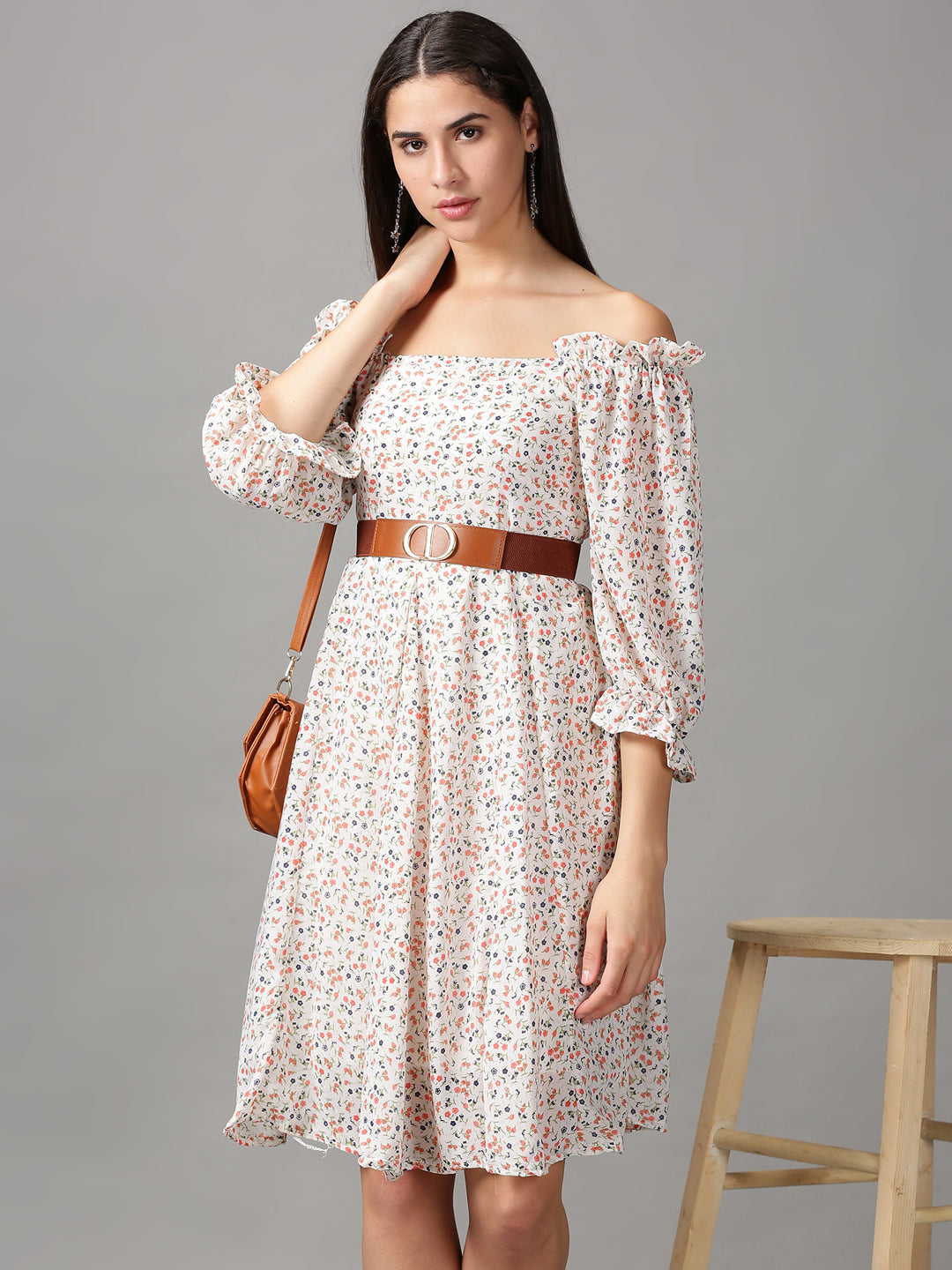 Women's White Printed Fit and Flare Dress