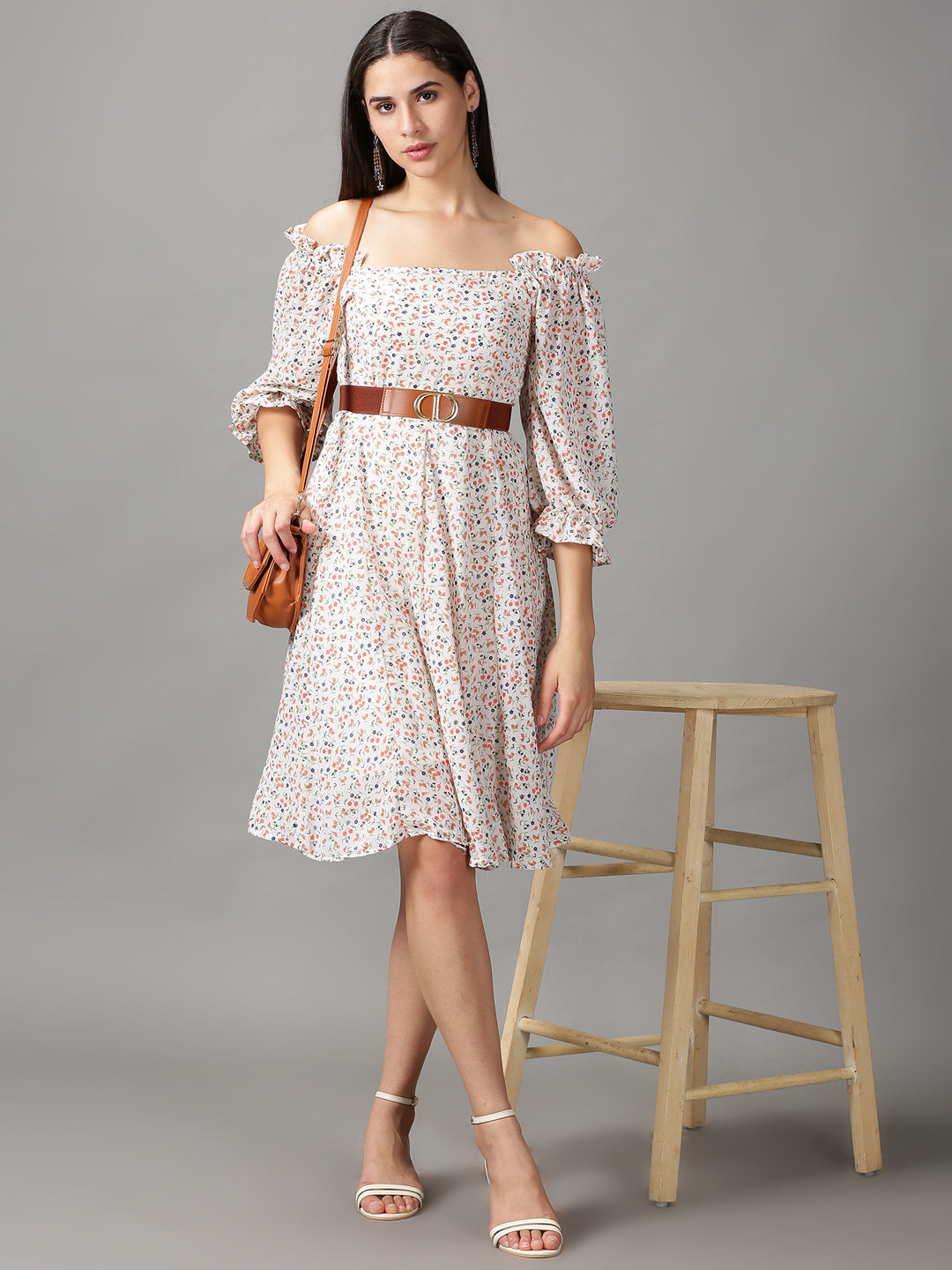 Women's White Printed Fit and Flare Dress