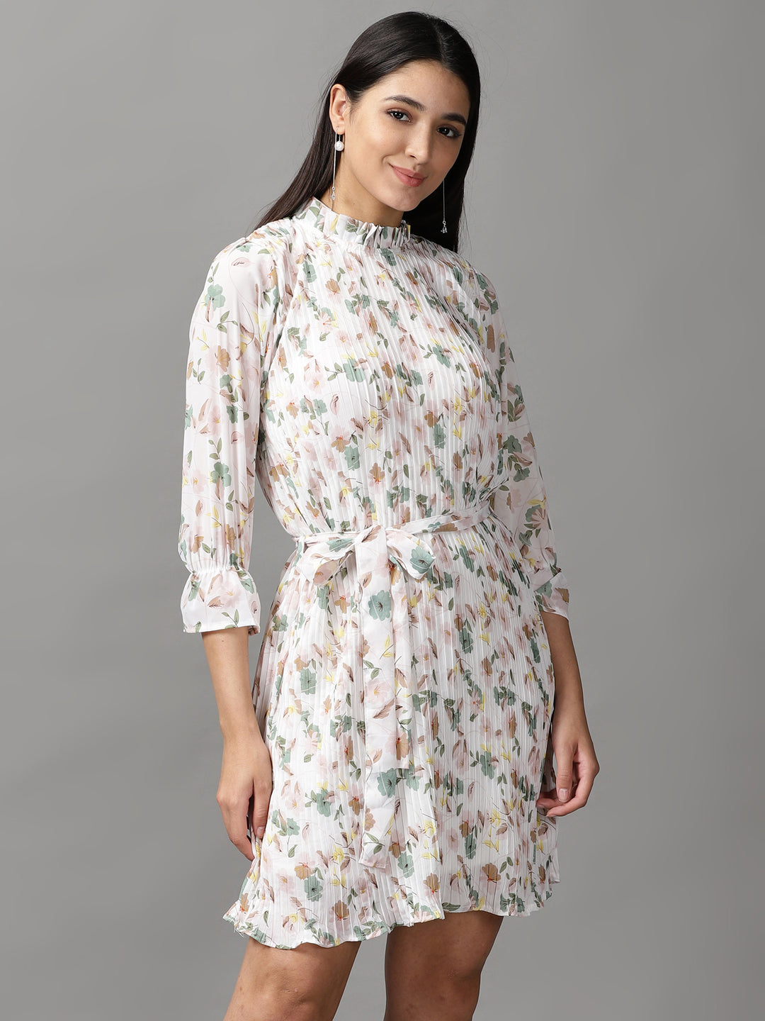 Women's White Floral Fit and Flare Dress