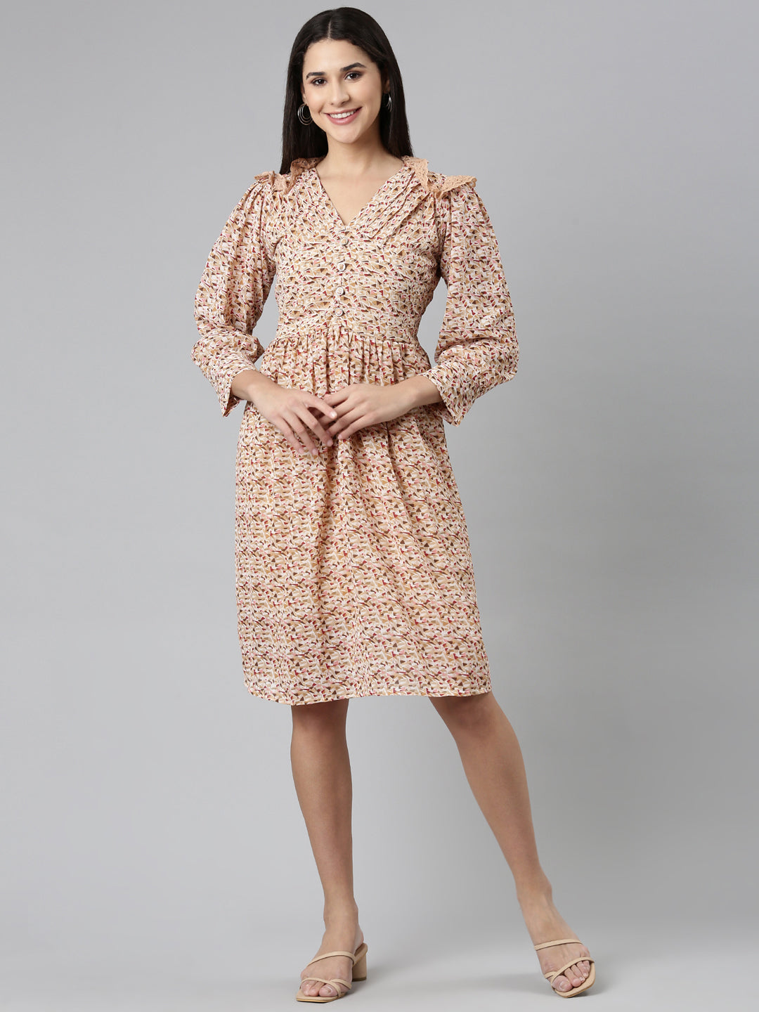 Women Khaki Printed Fit and Flare Dress