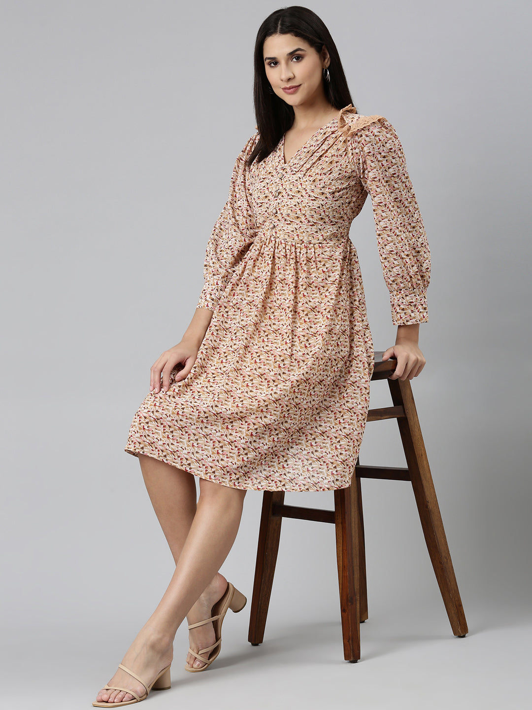 Women Khaki Printed Fit and Flare Dress