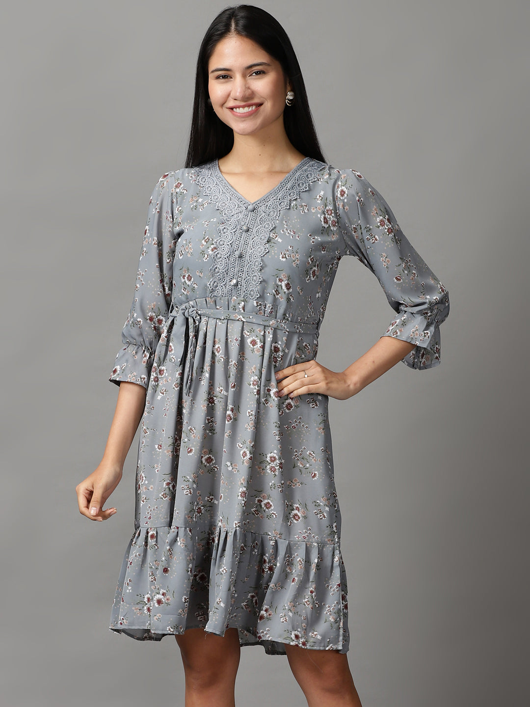 Women's Grey Floral Fit and Flare Dress