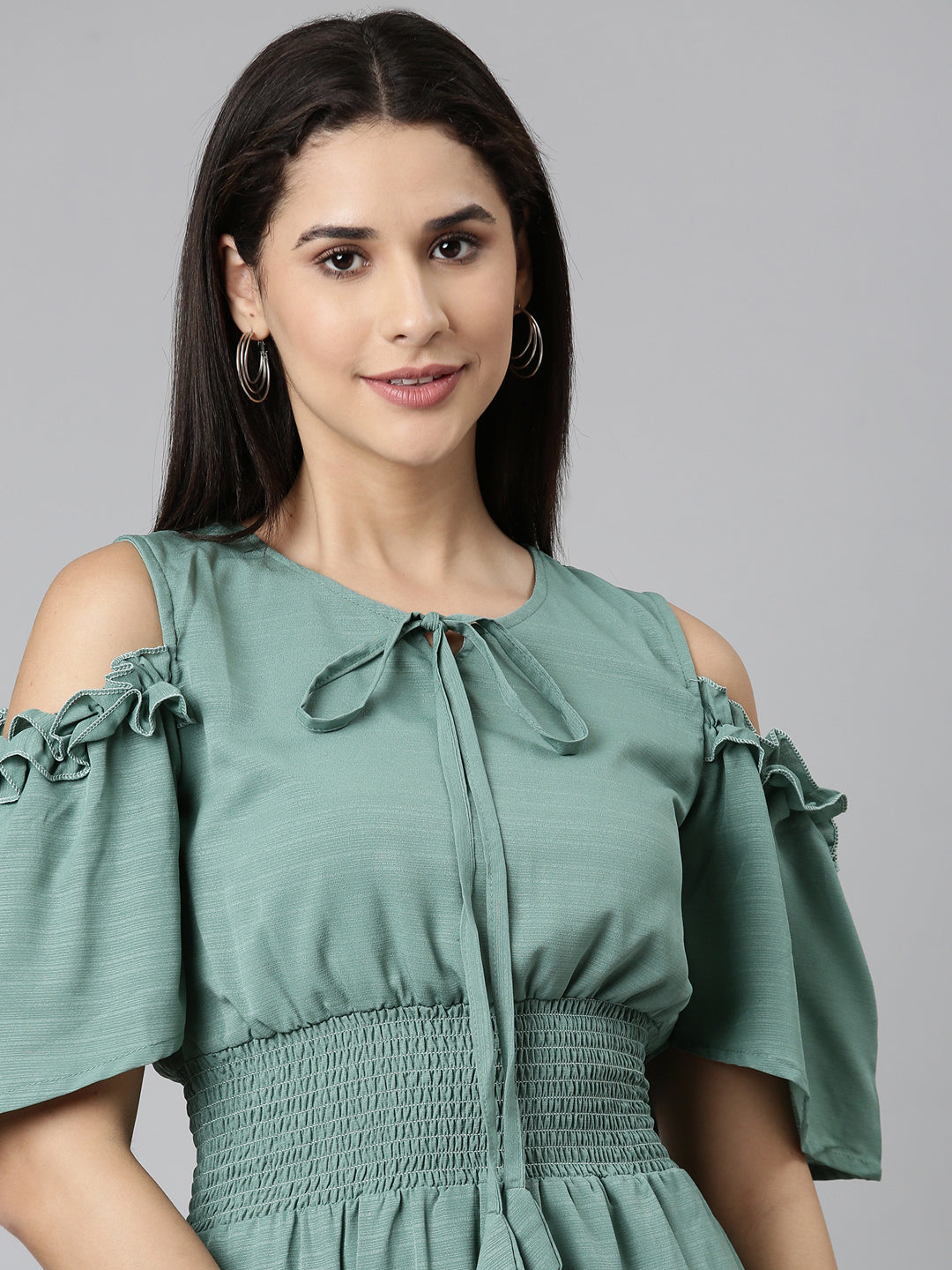 Women Sea Green Solid Fit and Flare Dress