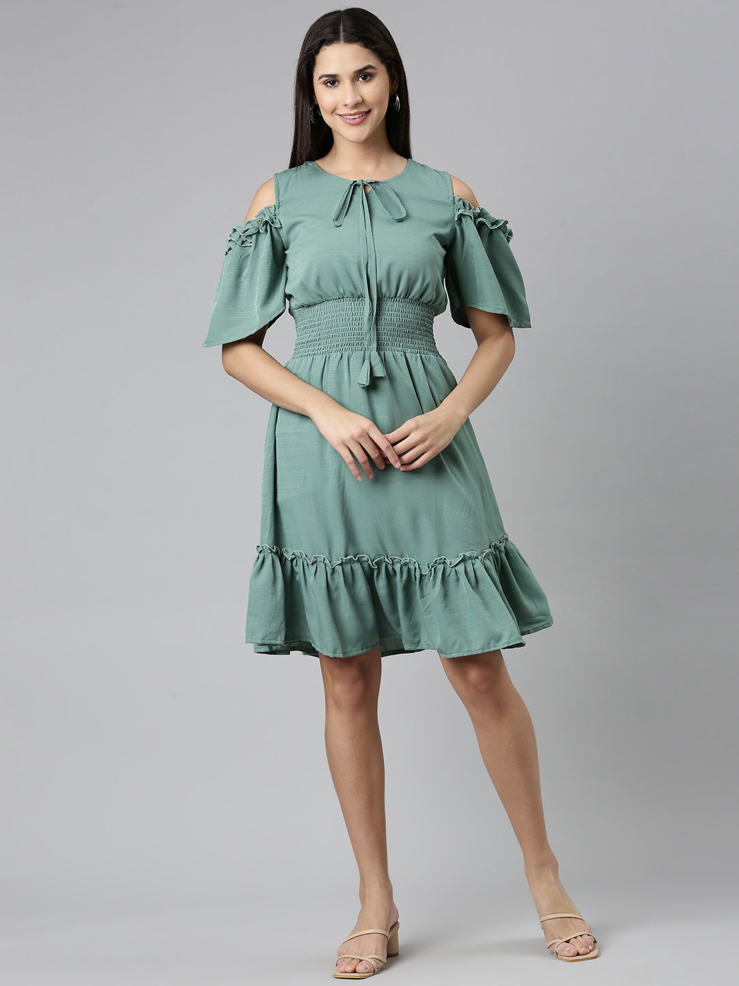 Women Sea Green Solid Fit and Flare Dress