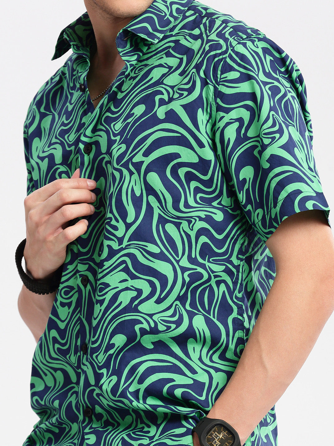 Men Spread Collar Abstract Green Casual Shirt
