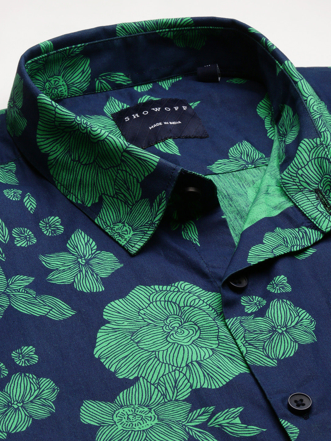 Men Spread Collar Floral Navy Blue Casual Shirt