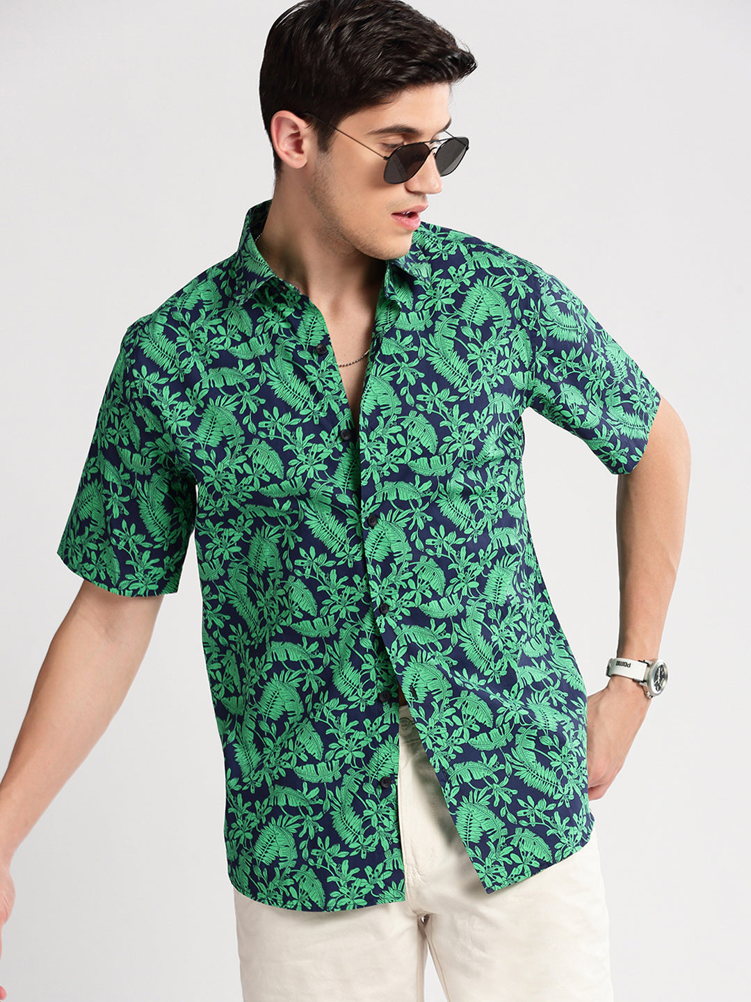 Men Spread Collar Floral Green Casual Shirt