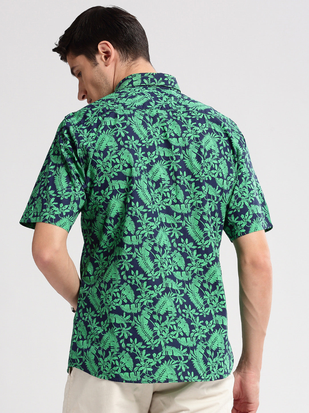 Men Spread Collar Floral Green Casual Shirt