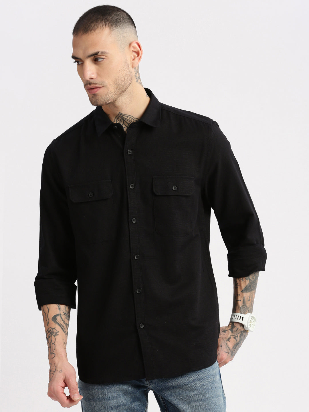 Men Spread Collar Solid Black Casual Shirt