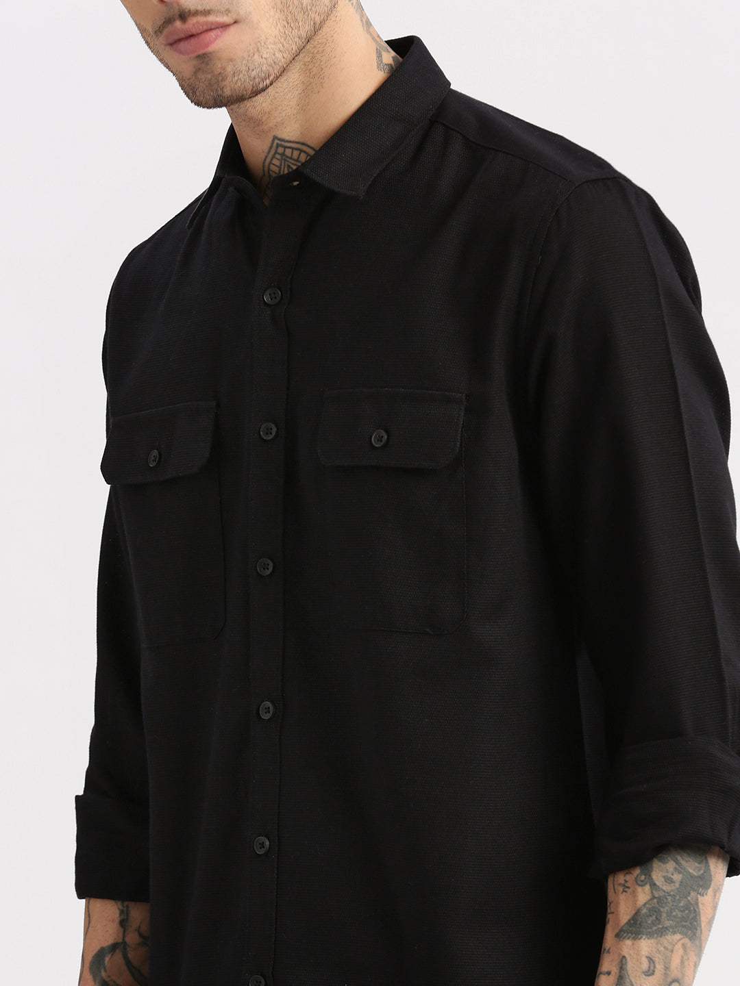 Men Spread Collar Solid Black Casual Shirt
