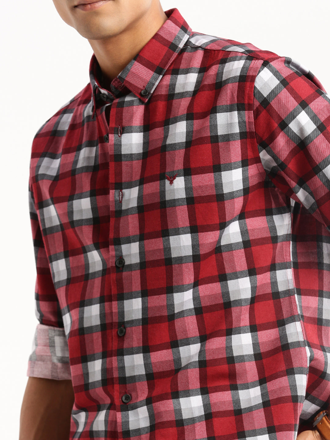 Men Maroon Spread Collar Windowpane Checks Shirt