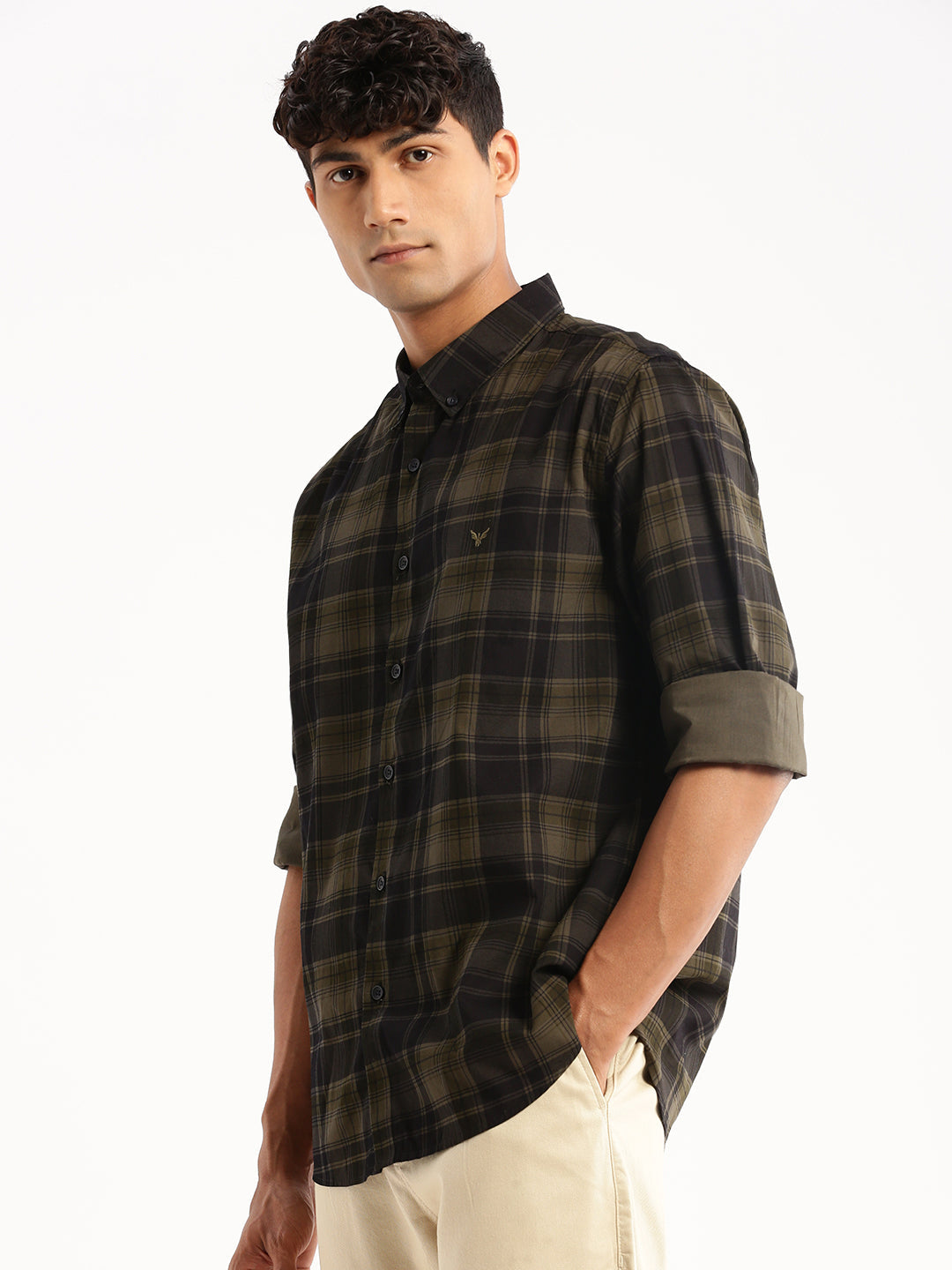 Men Olive Spread Collar Tartan Checks Shirt