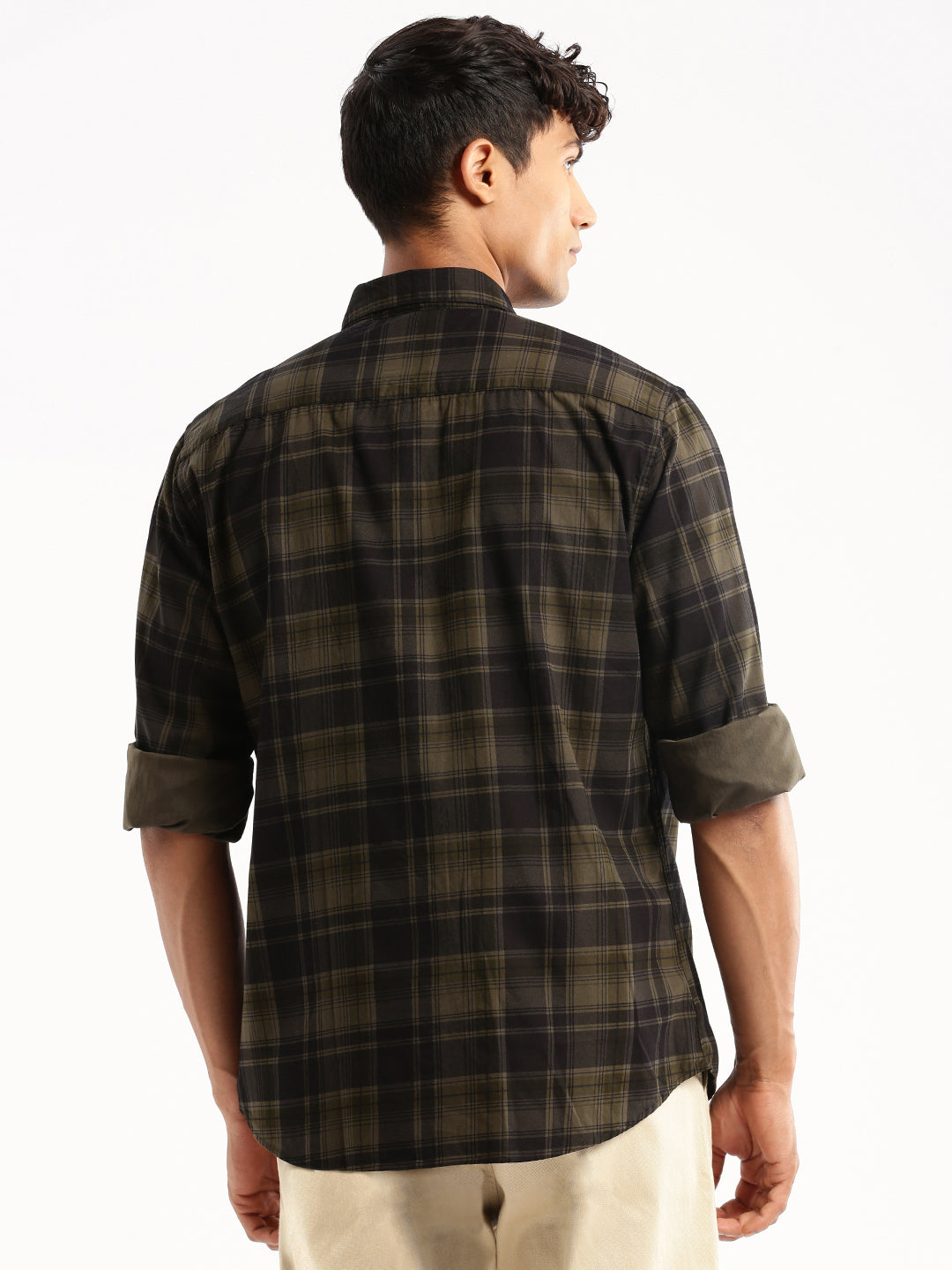 Men Olive Spread Collar Tartan Checks Shirt