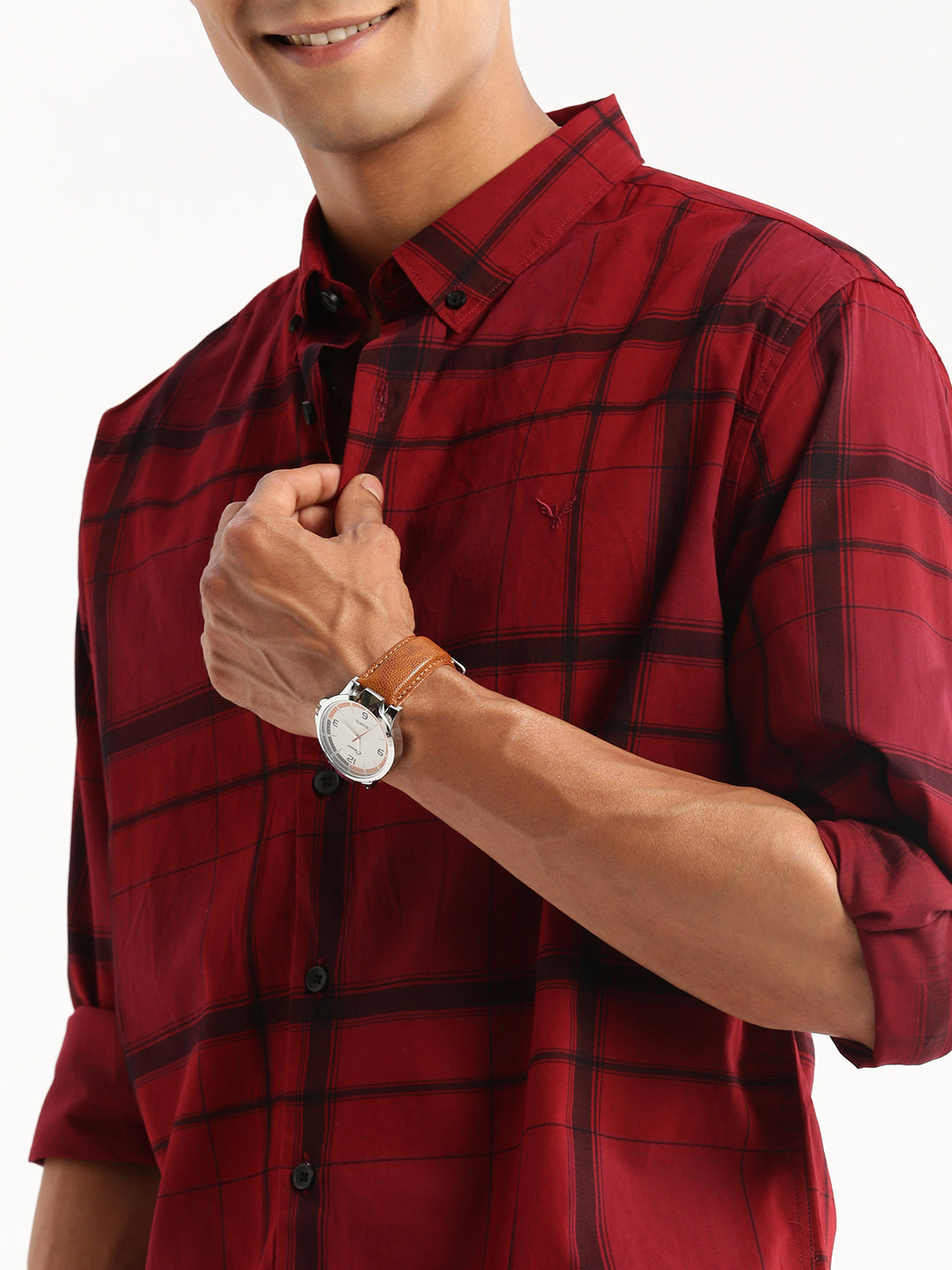Men Maroon Spread Collar Windowpane Checks Shirt