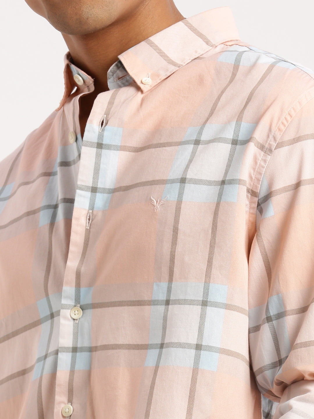 Men Peach Spread Collar Windowpane Checks Shirt