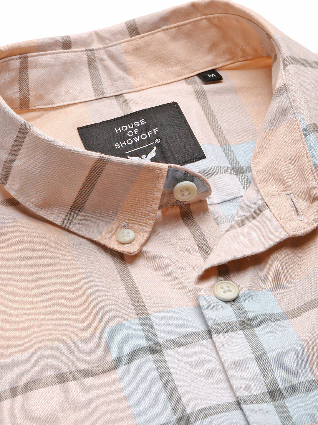 Men Peach Spread Collar Windowpane Checks Shirt