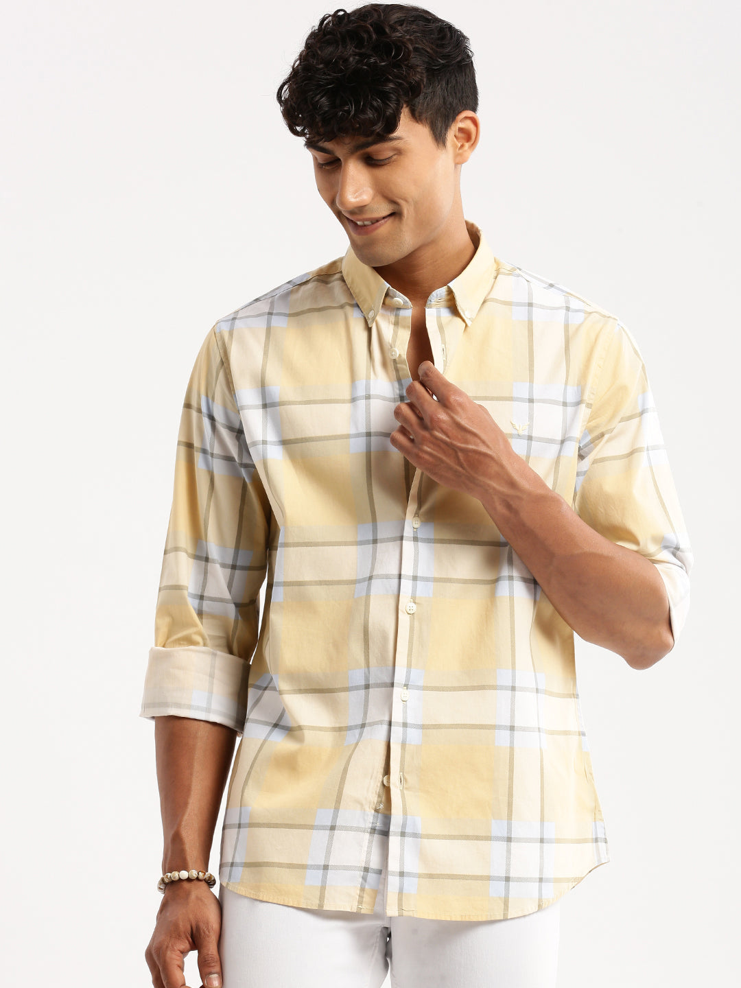 Men Yellow Spread Collar Windowpane Checks Shirt