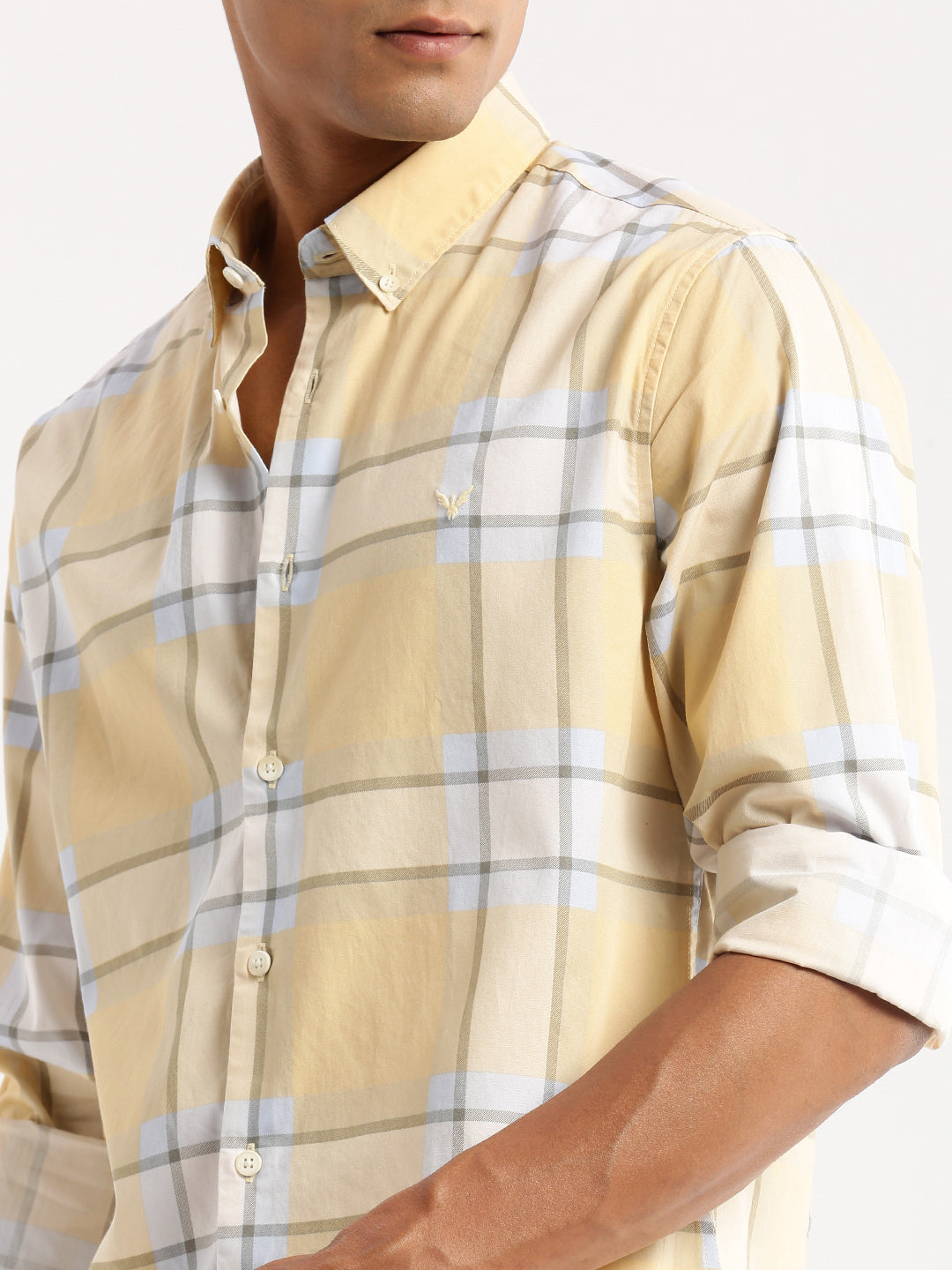 Men Yellow Spread Collar Windowpane Checks Shirt