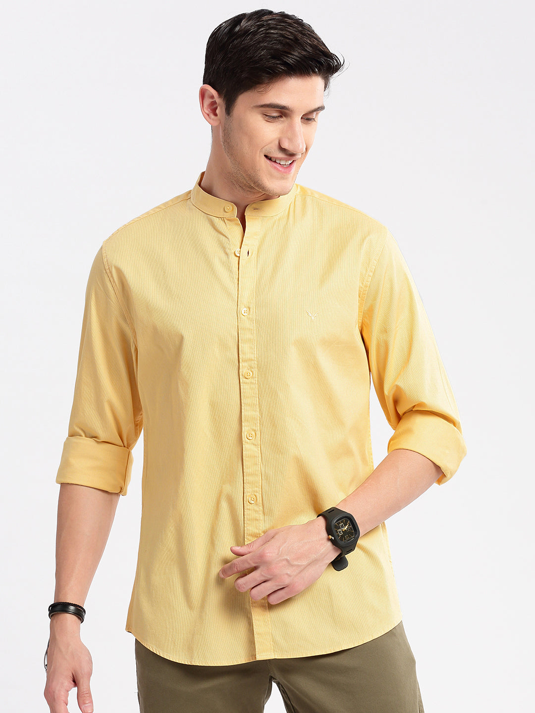 Men Mandarin Collar Solid Yellow Casual Shirt