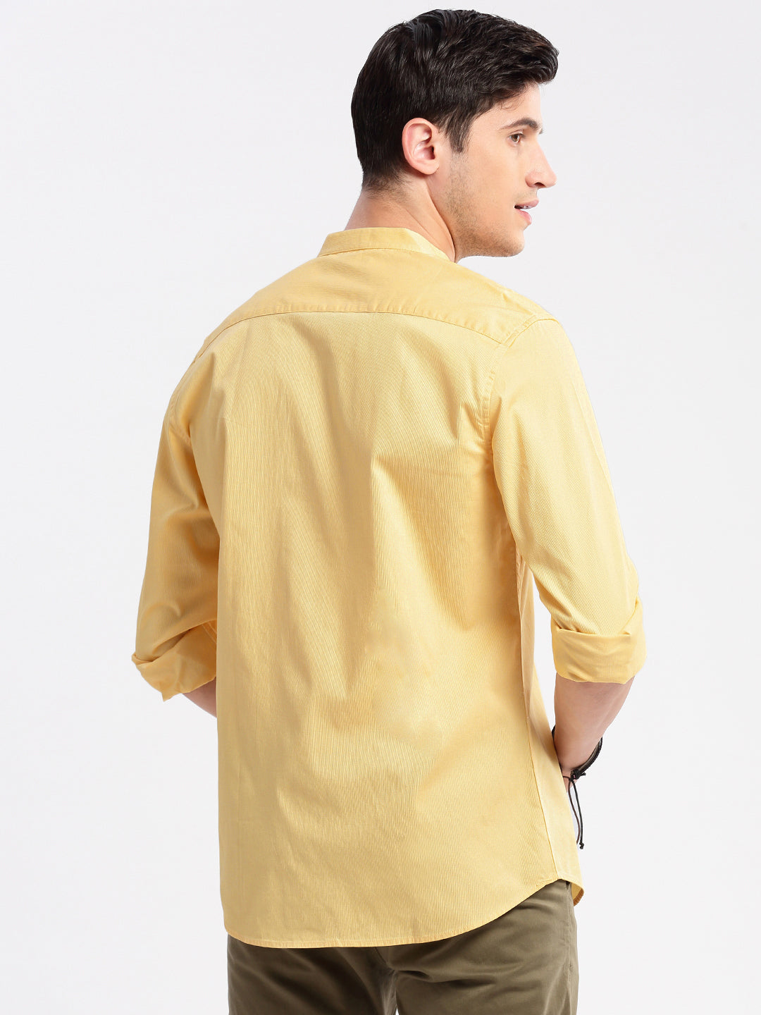 Men Mandarin Collar Solid Yellow Casual Shirt