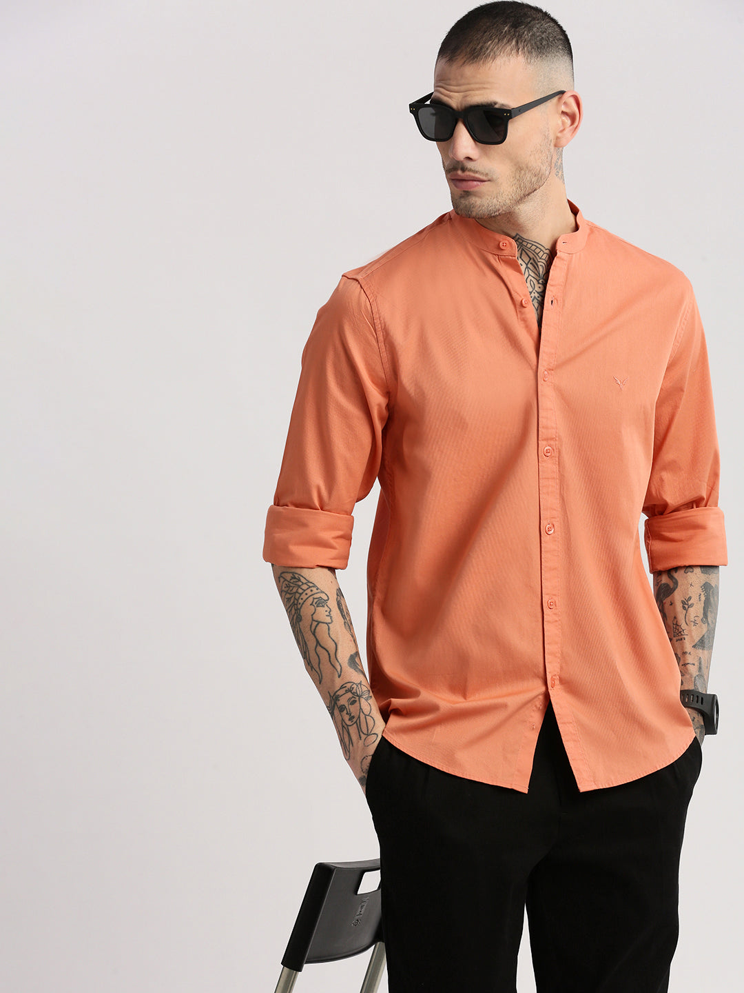 Men Mandarin Collar Solid Orange Casual Shirt