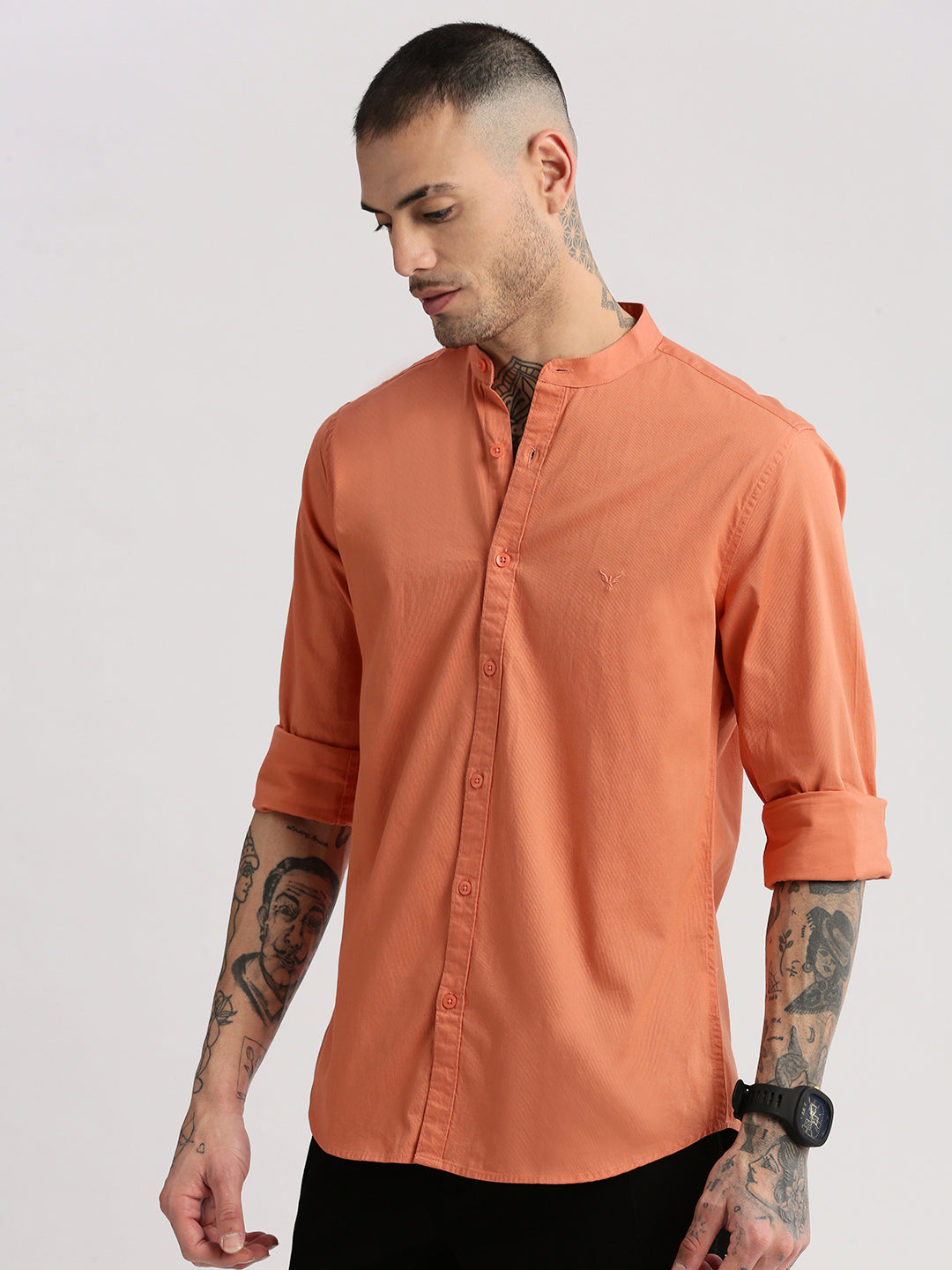 Men Mandarin Collar Solid Orange Casual Shirt