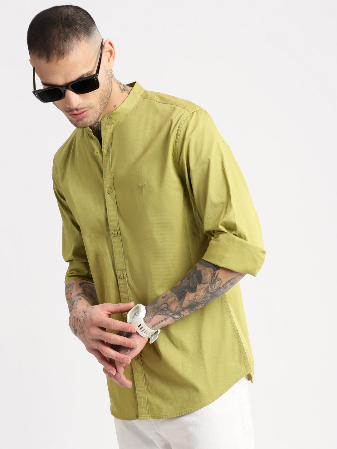 Men Mandarin Collar Solid Olive Casual Shirt