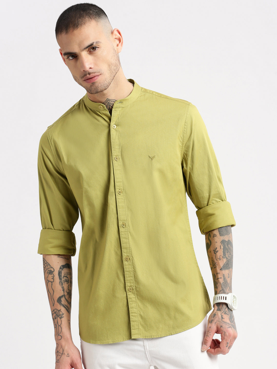 Men Mandarin Collar Solid Olive Casual Shirt